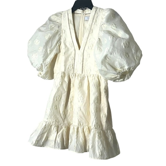 Hunter Bell Gaille Mini Dress Jacquard Ivory Flowers size XS Puff Sleeve Bridal - Picture 9 of 16